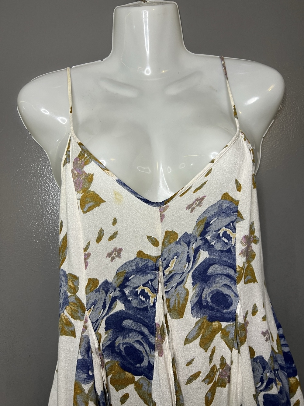 Free People Dress Womens Small White Blue Floral V Neck Trapeze Sundress Boho